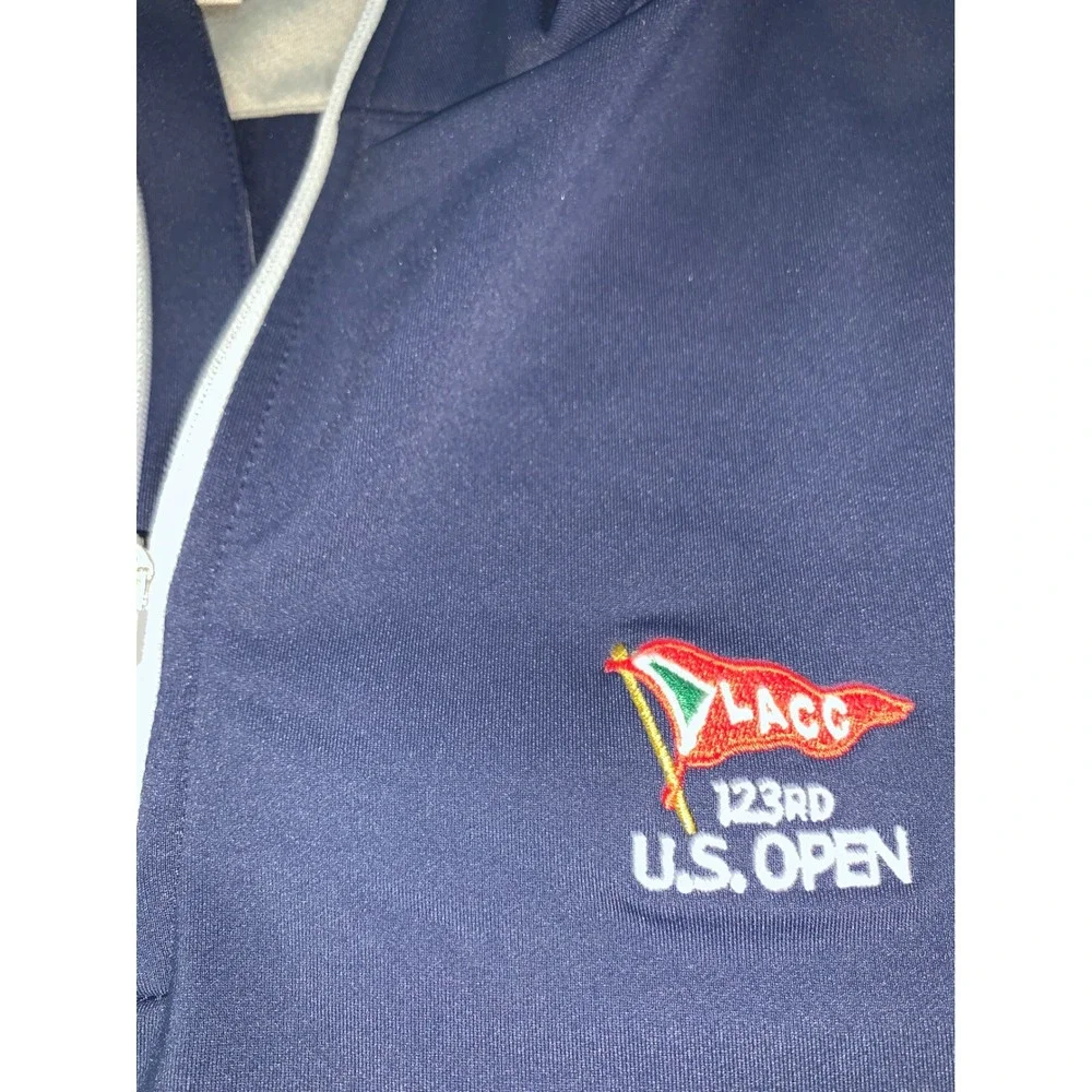 Peter Millar Mens XL 123rd US Open LACC 1/4 Zip Pullover Navy Blue Golf Sweater